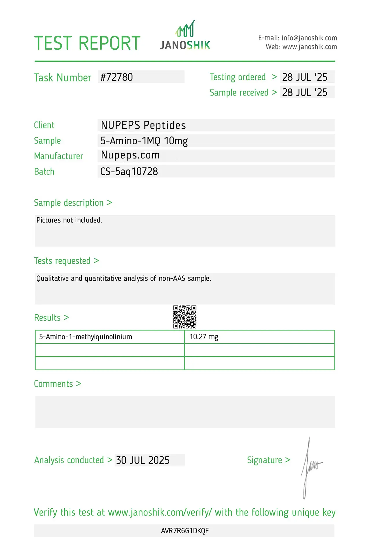 5-Amino -1MQ -peptide laboratory test report -10mg