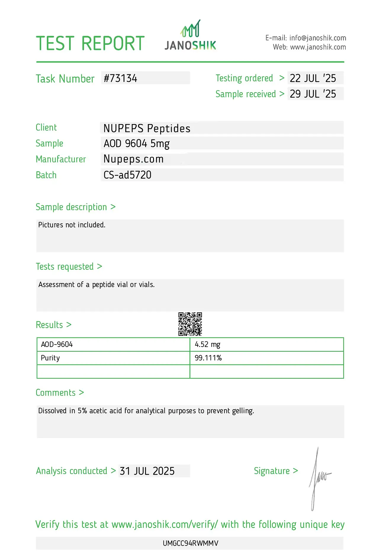 AOD 9604 -peptide laboratory test report -05mg