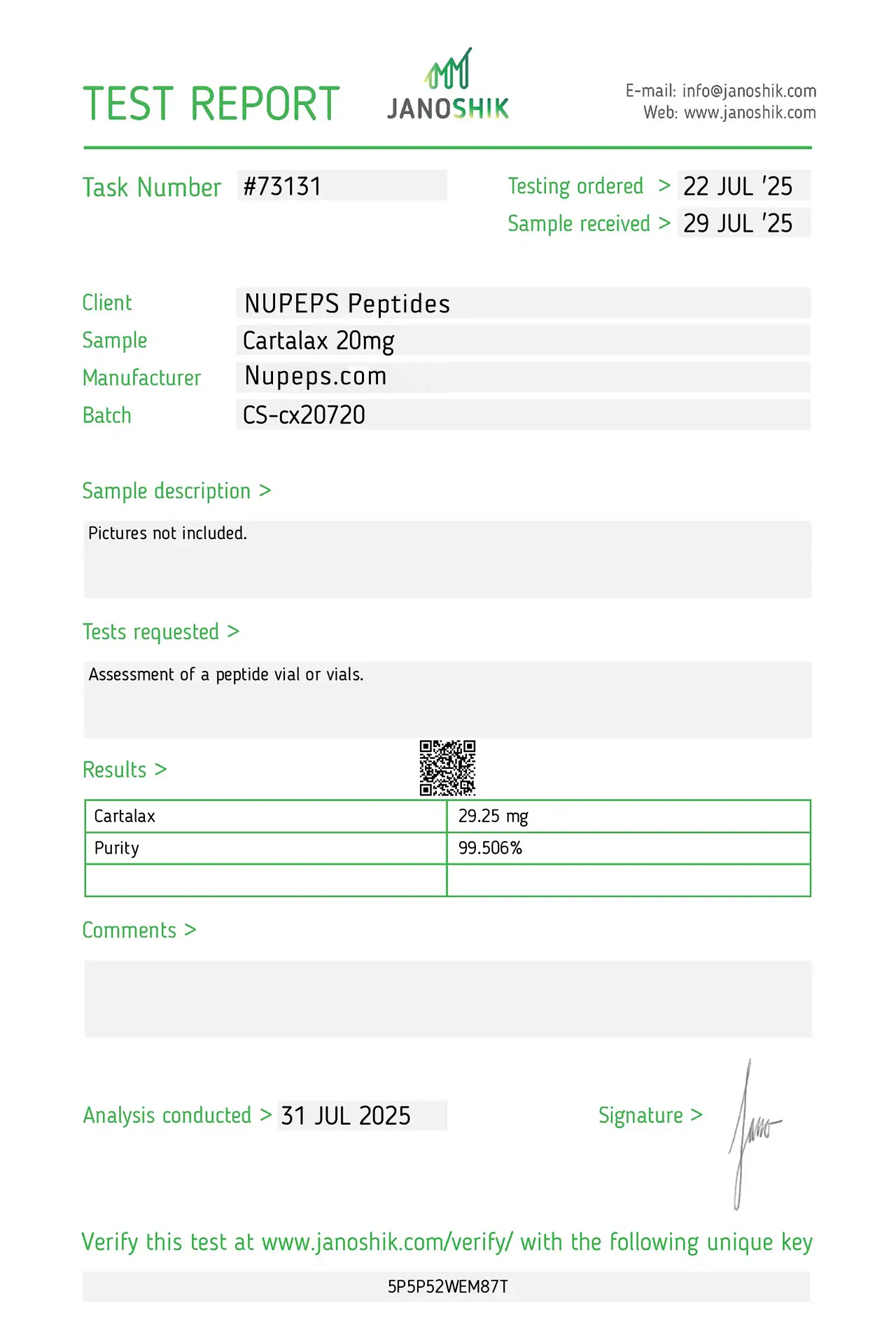 Cartalax -peptide laboratory test report -20mg