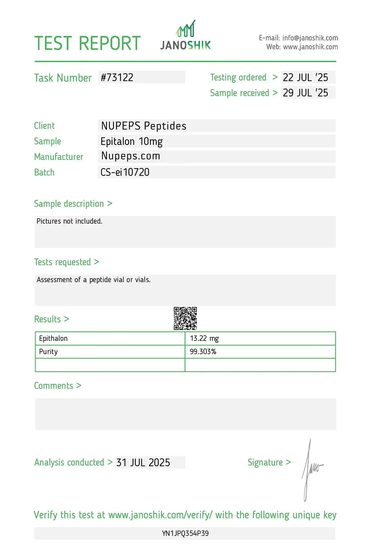 Epitalon -peptide laboratory test report -10mg