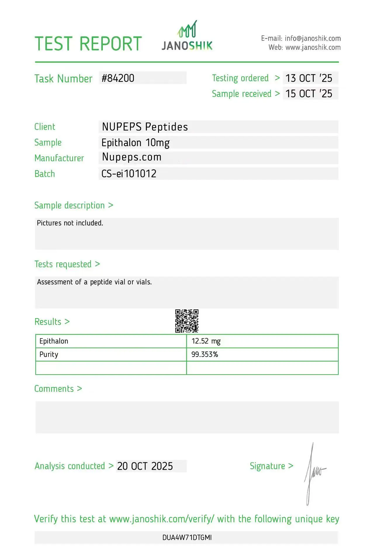 Epithalon -peptide laboratory test report -10mg