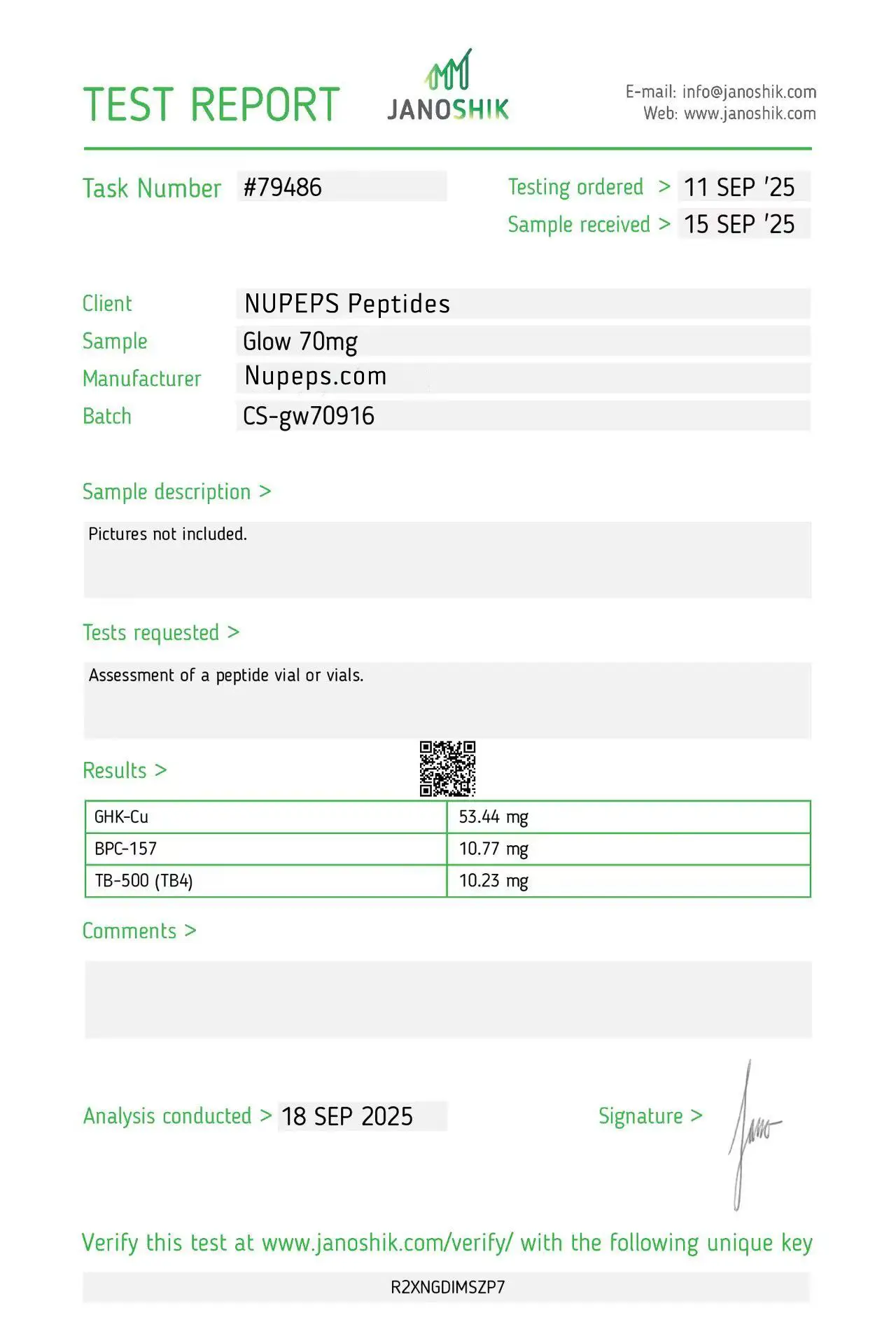 Glow -peptide laboratory test report -70mg