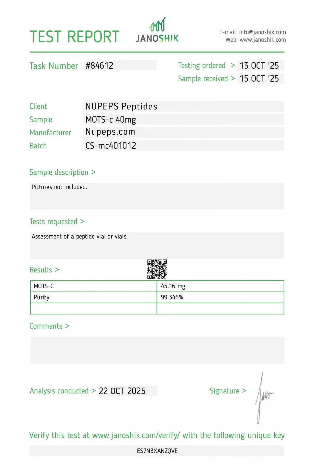 MOTS-C -peptide laboratory test report -40mg