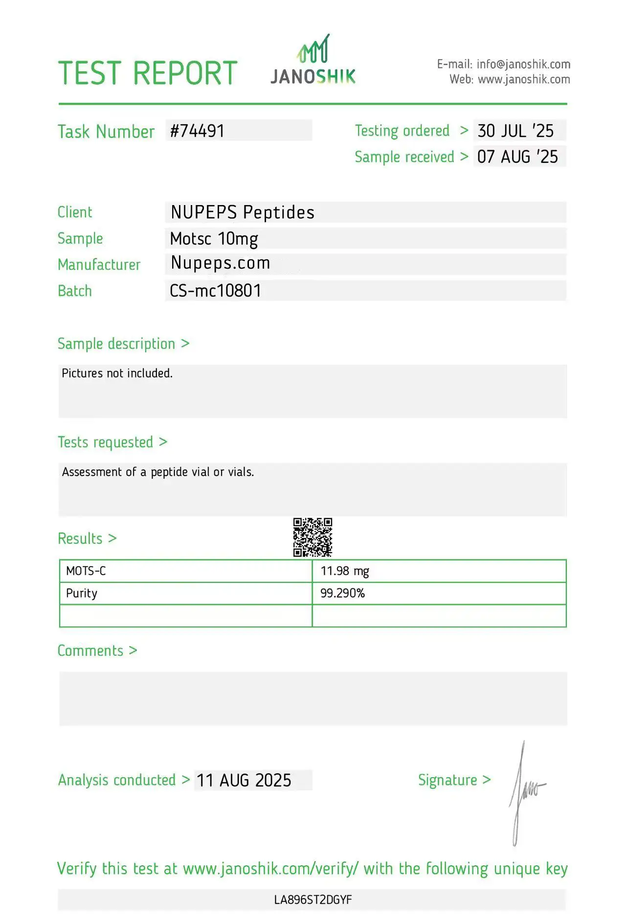 MOTS-C peptide laboratory test report