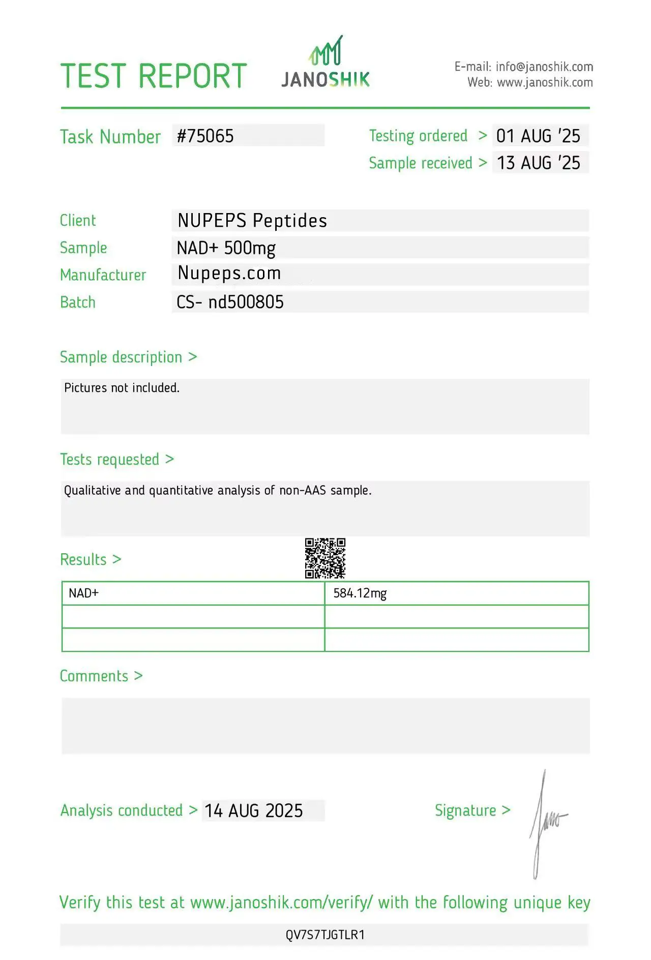 NAD+ 500mg -peptide laboratory test report