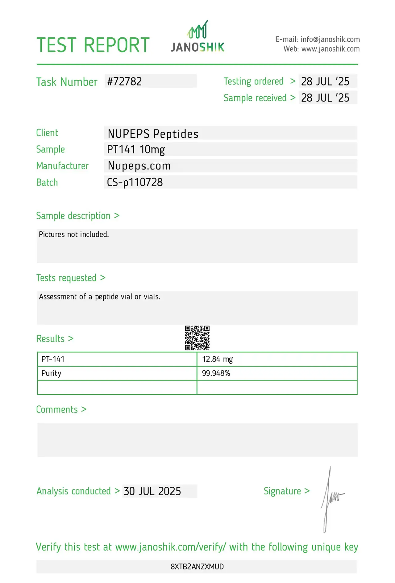 PT141 -peptide laboratory test report -10mg