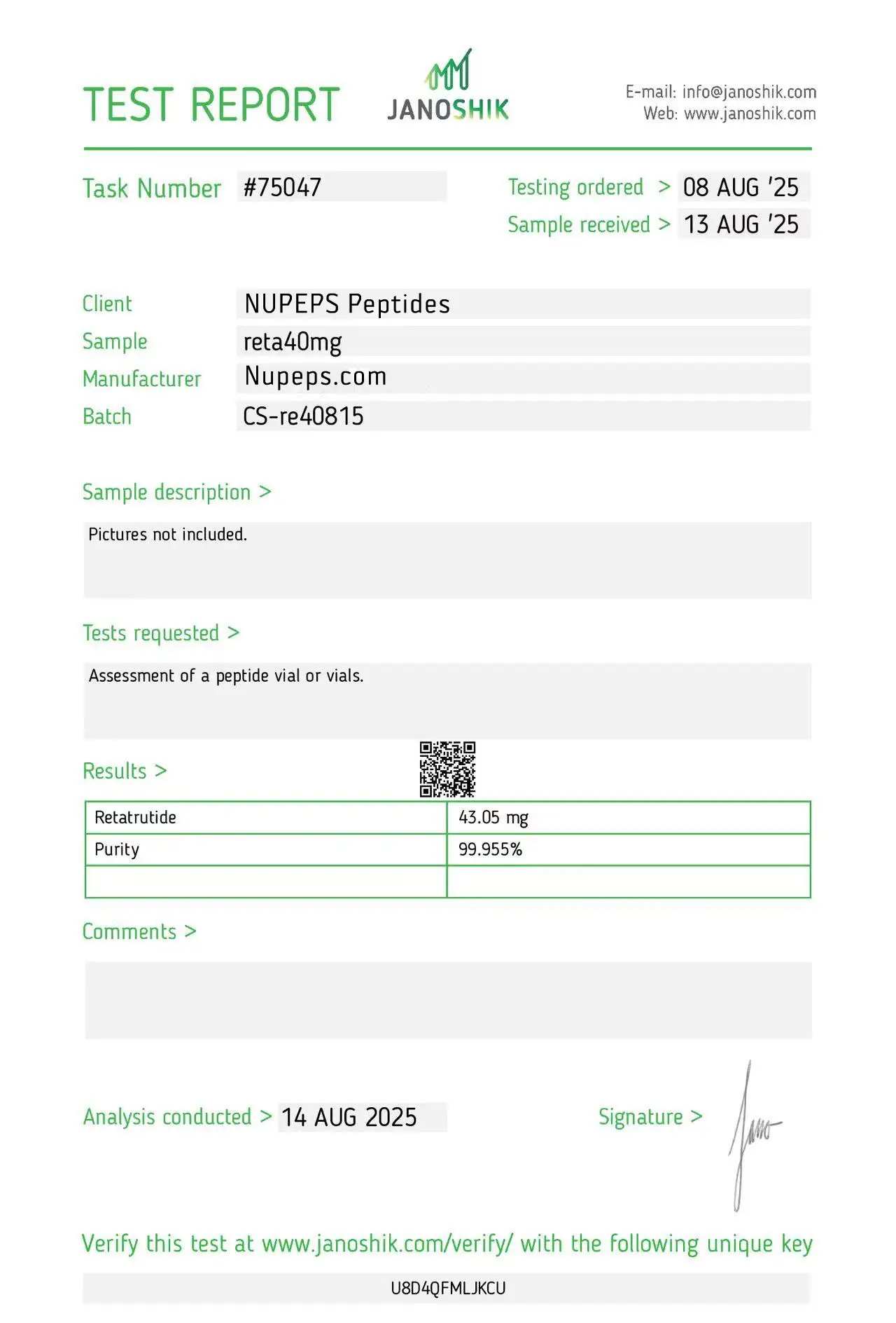 Reta -peptide laboratory test report -40mg
