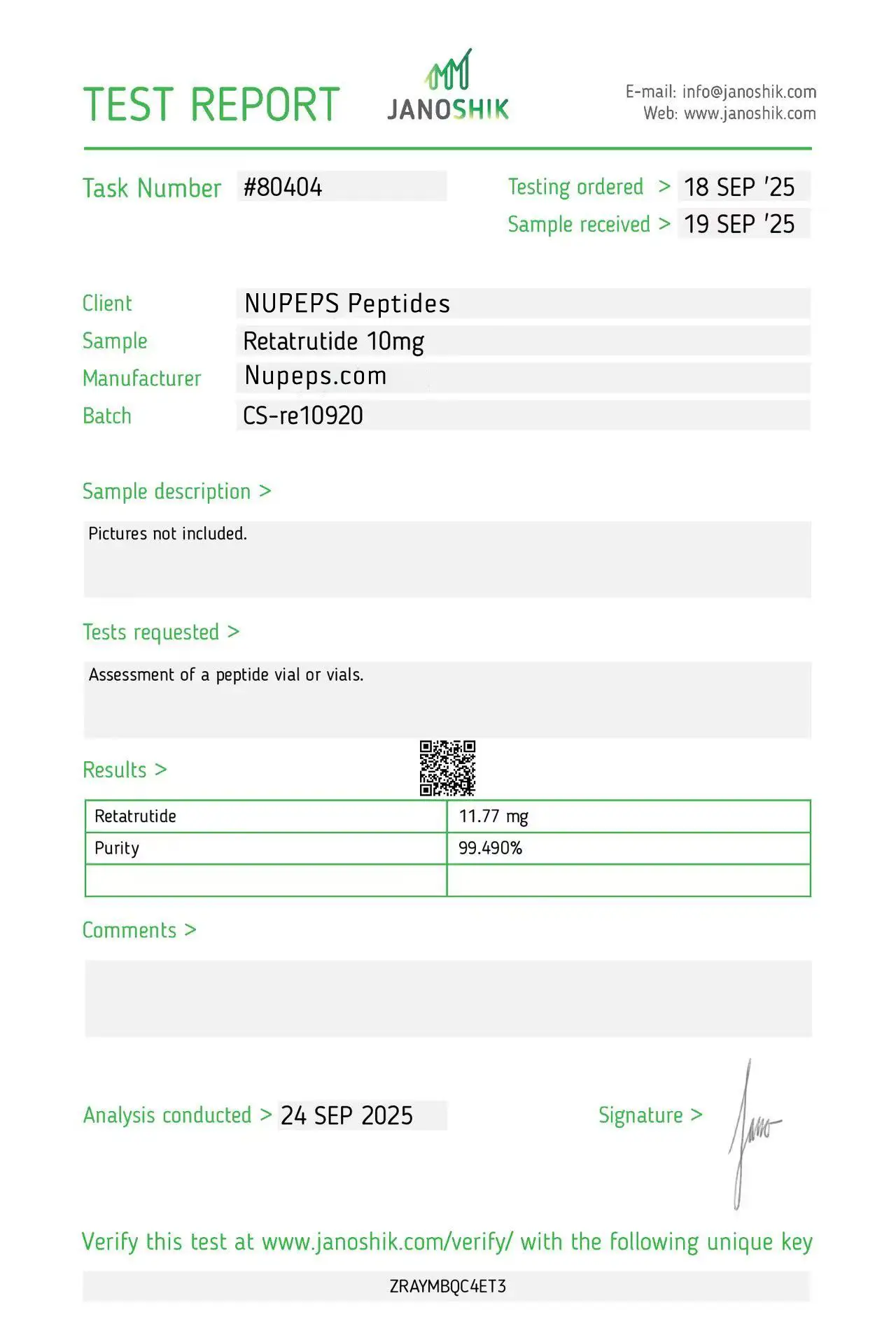 Retatrutide -peptide laboratory test report -10mg