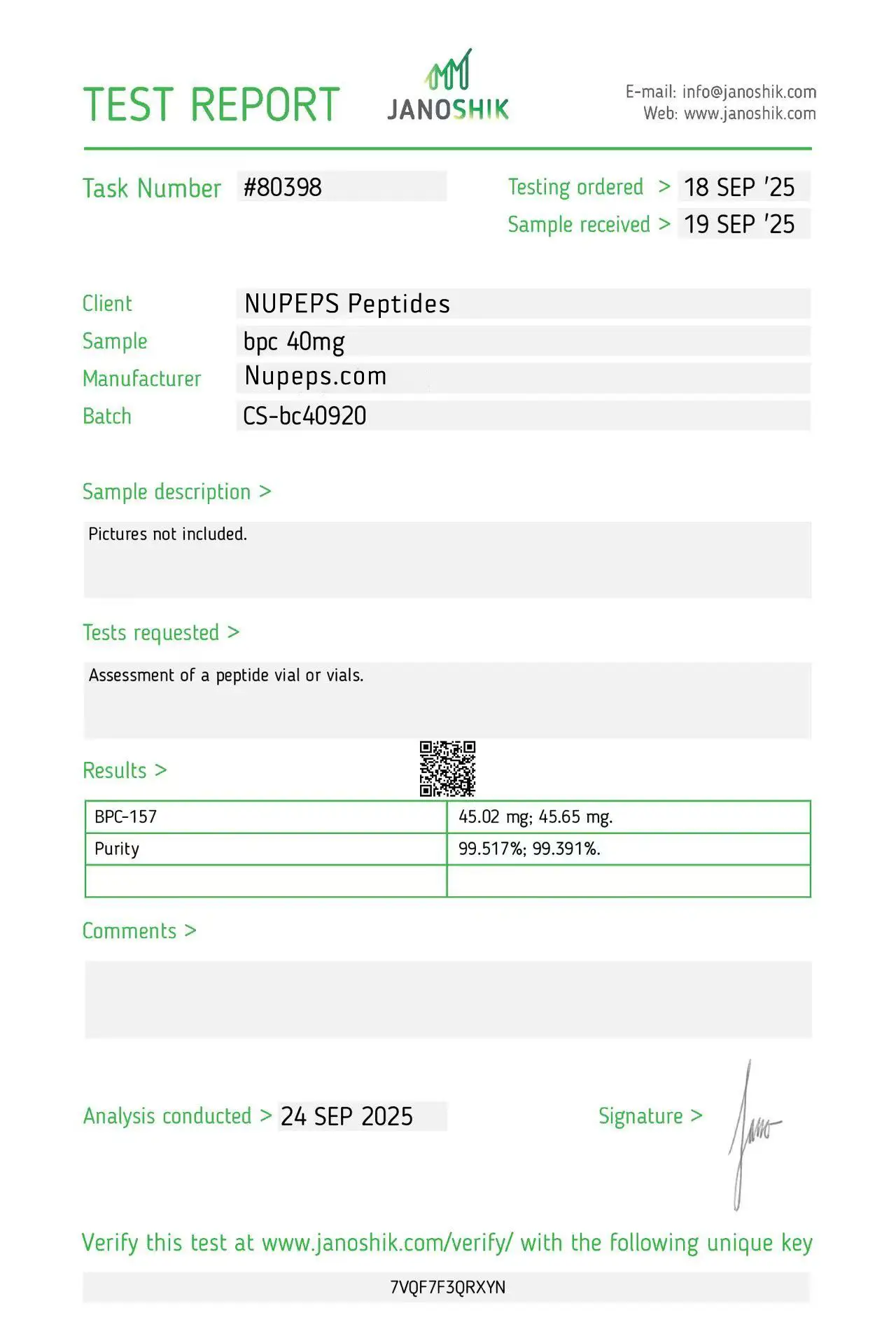 Bpc -peptide laboratory test report -40mg