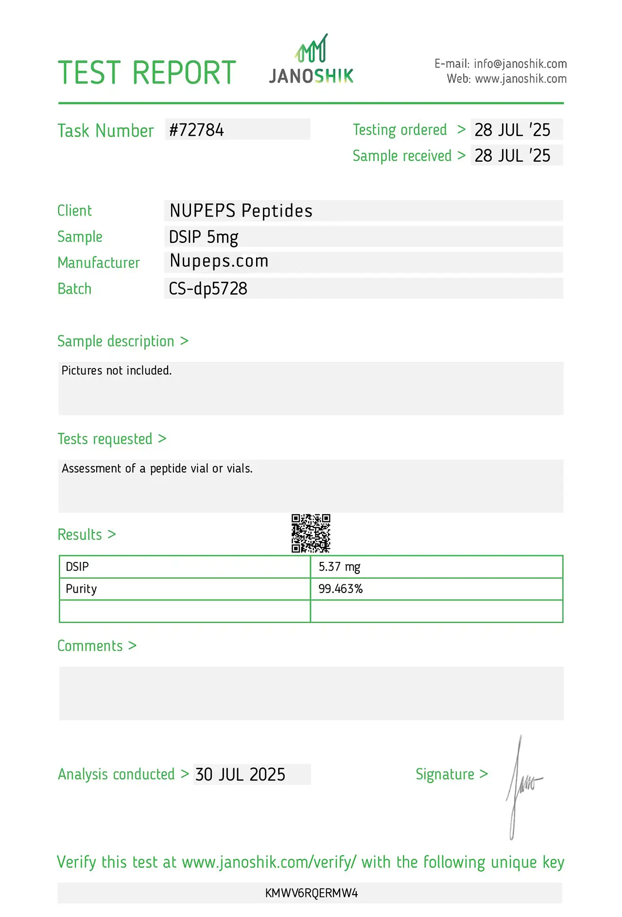 DSIP -peptide laboratory test report -5mg