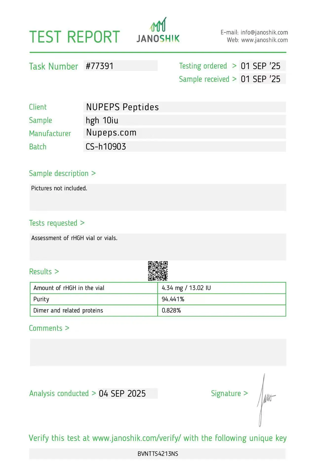 hgh -peptide laboratory test report -10iu
