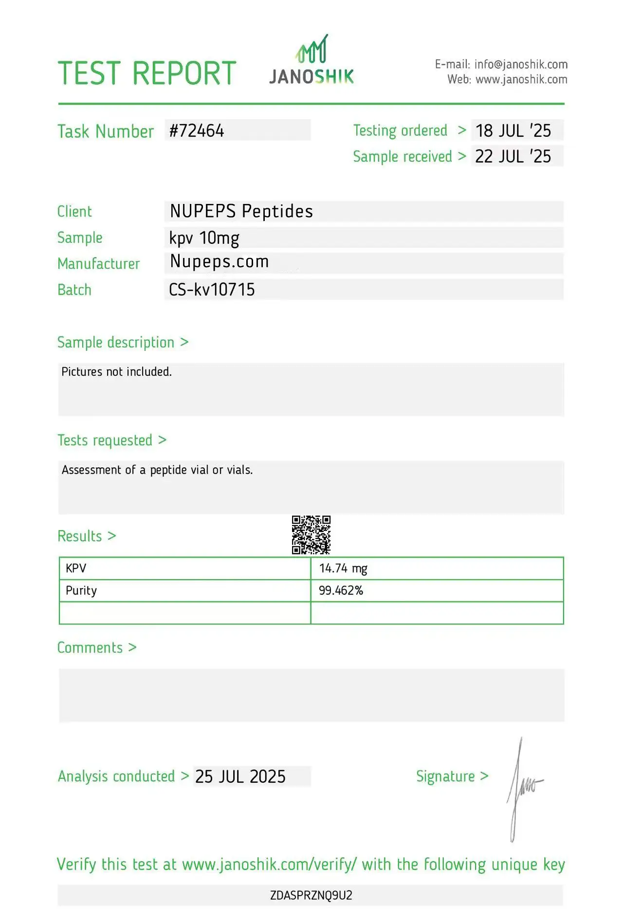 kpv -peptide laboratory test report -10mg