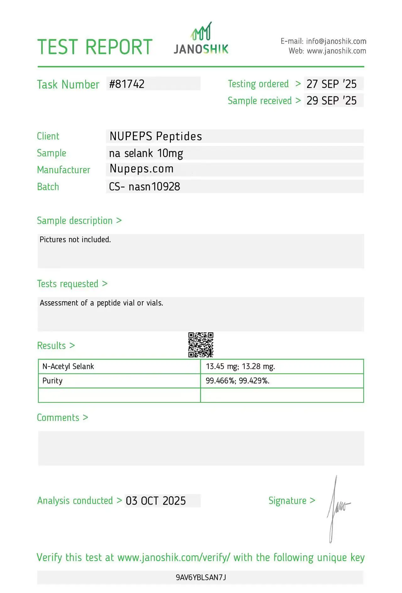 na selank -peptide laboratory test report -10mg