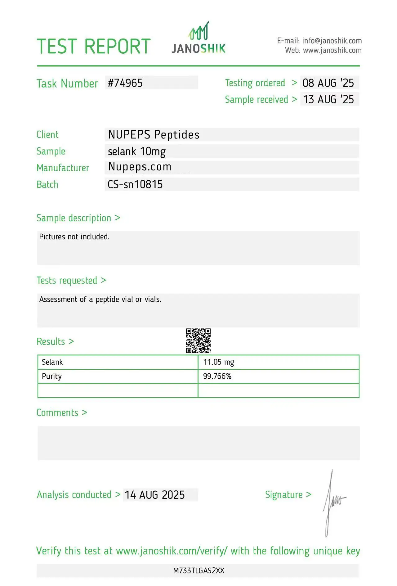 Selank -peptide laboratory test report -10mg
