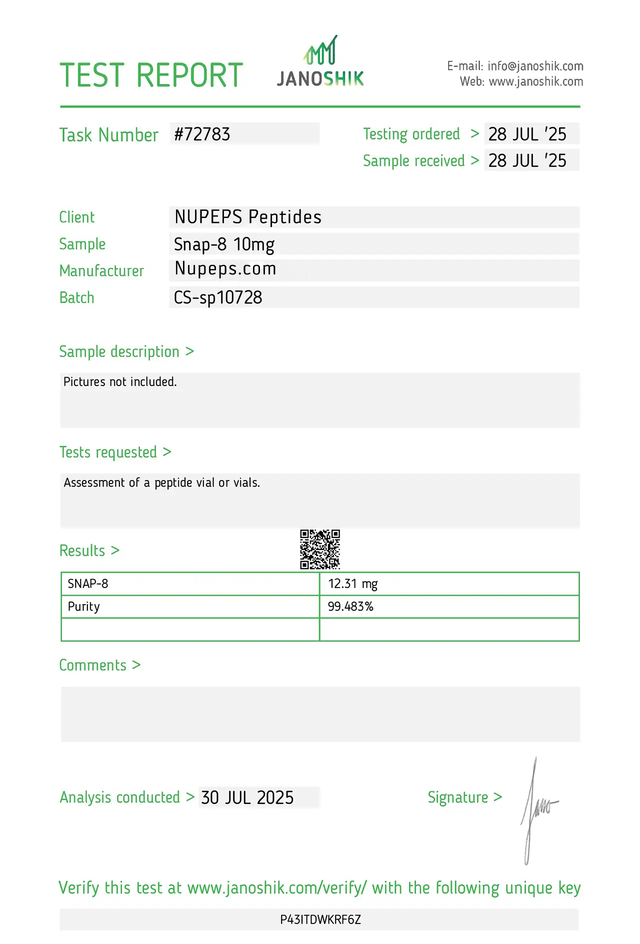 Snap-8 -peptide laboratory test report -10mg