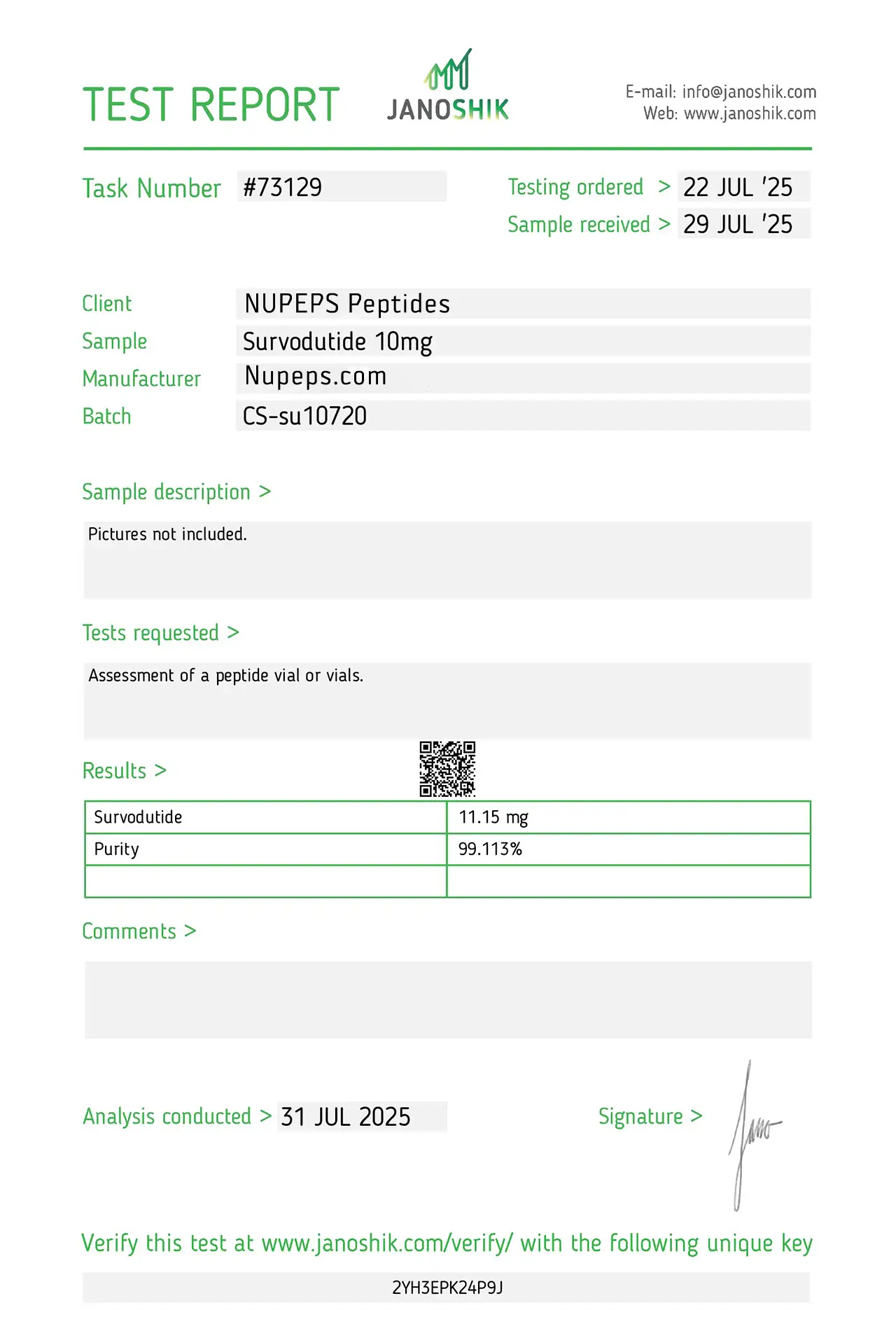 Survodutide peptide laboratory test report -10mg