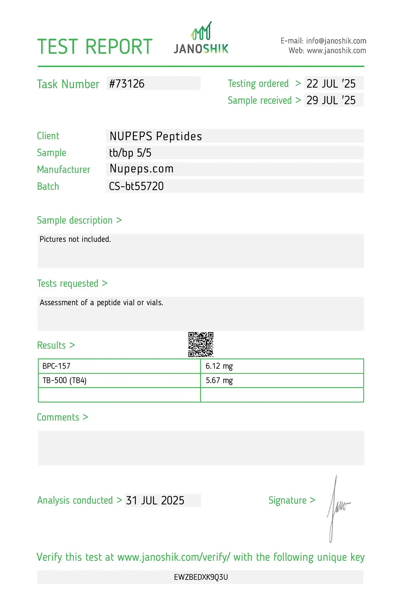 tb/bp 5/5 -peptide laboratory test report