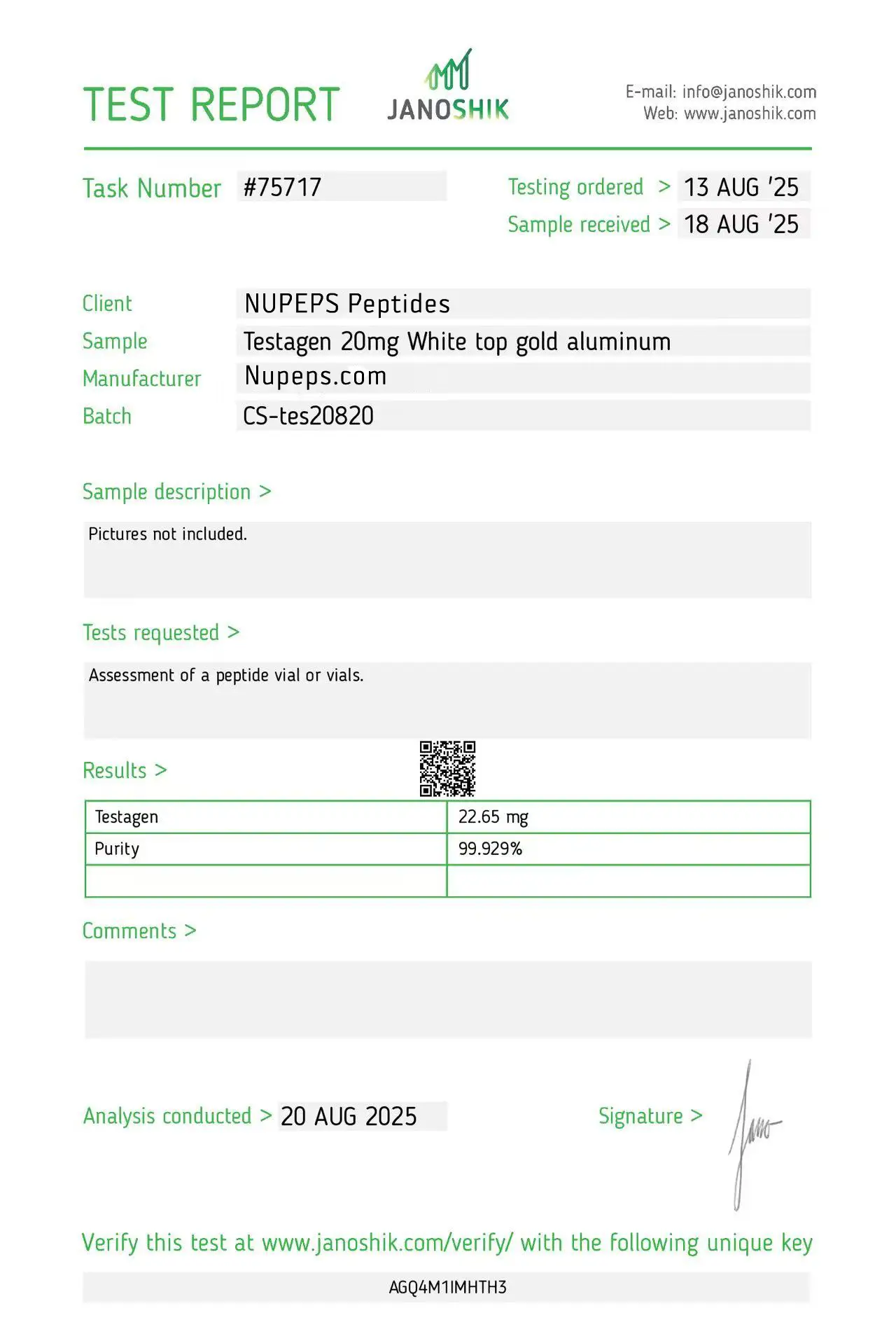 Testagen peptide laboratory test report -20mg