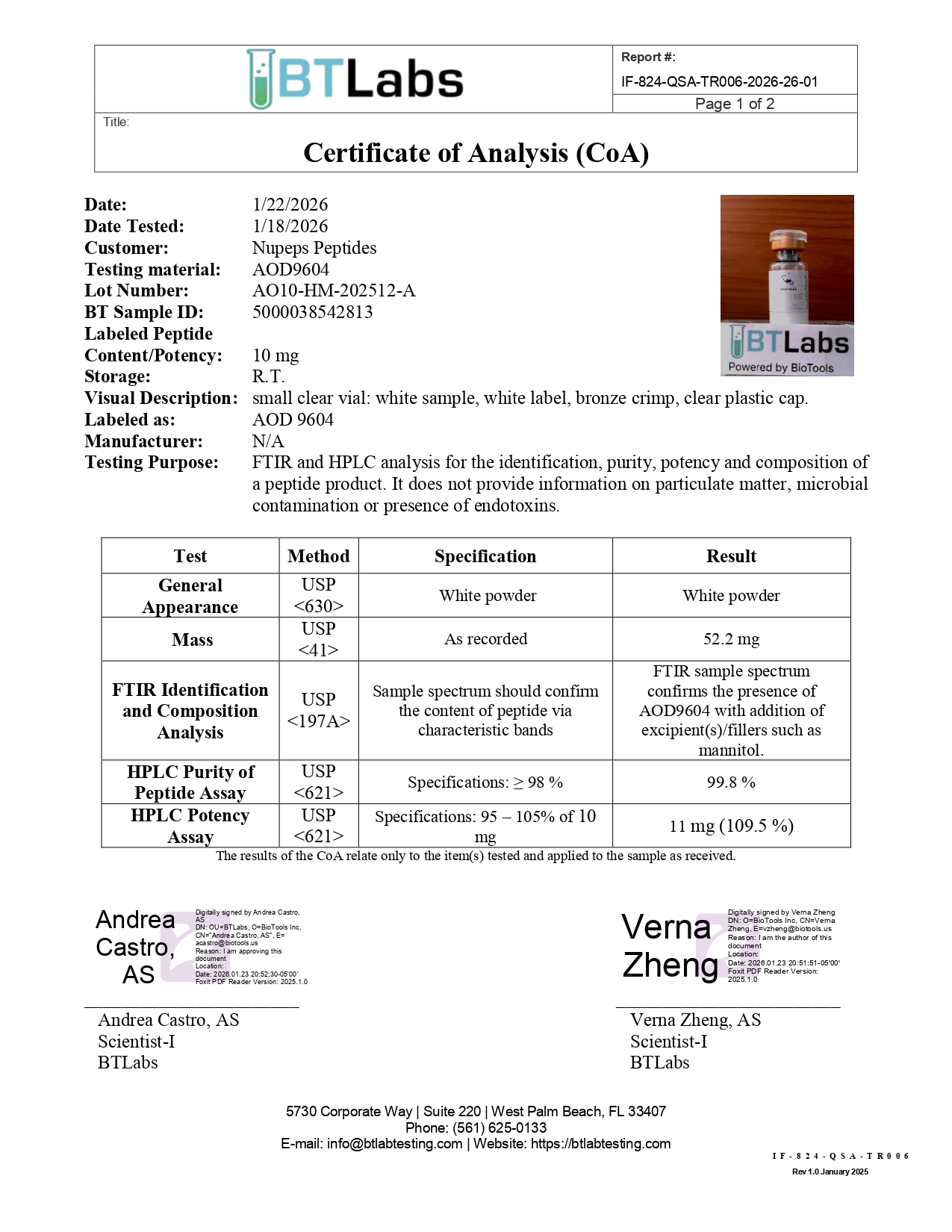 Certified AOD9604 lab test document