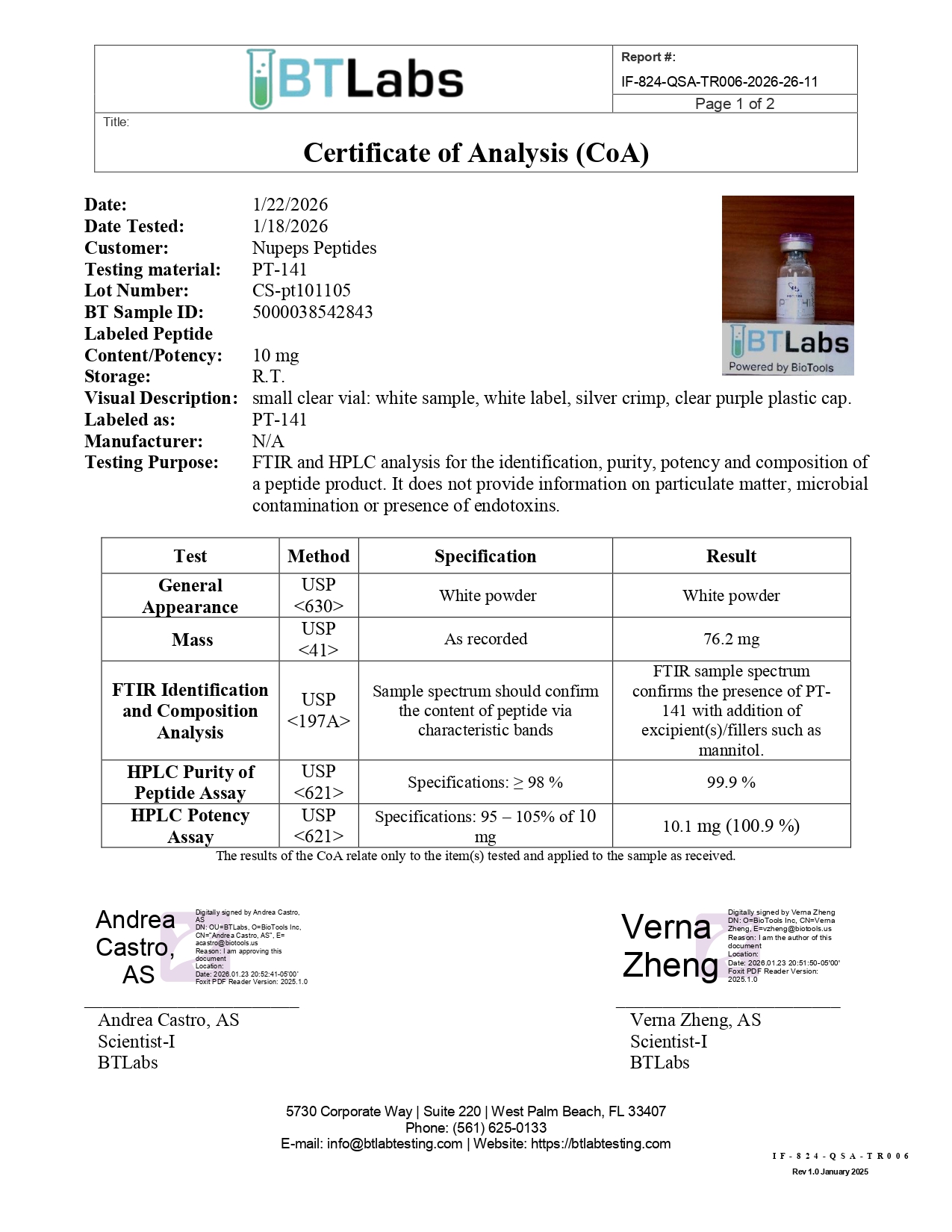 PT-141 10mg vial analysis certificate