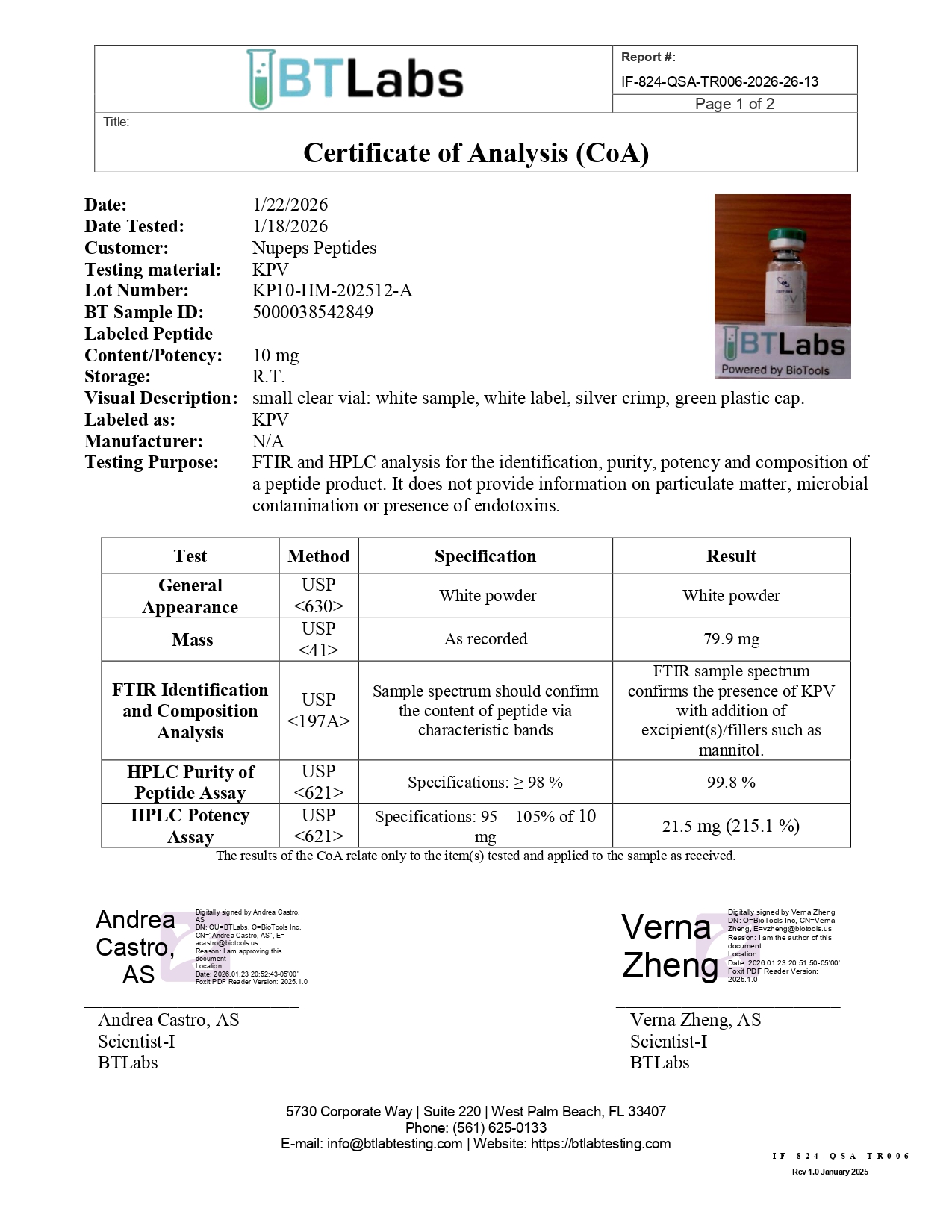 Certificate of Analysis for KPV