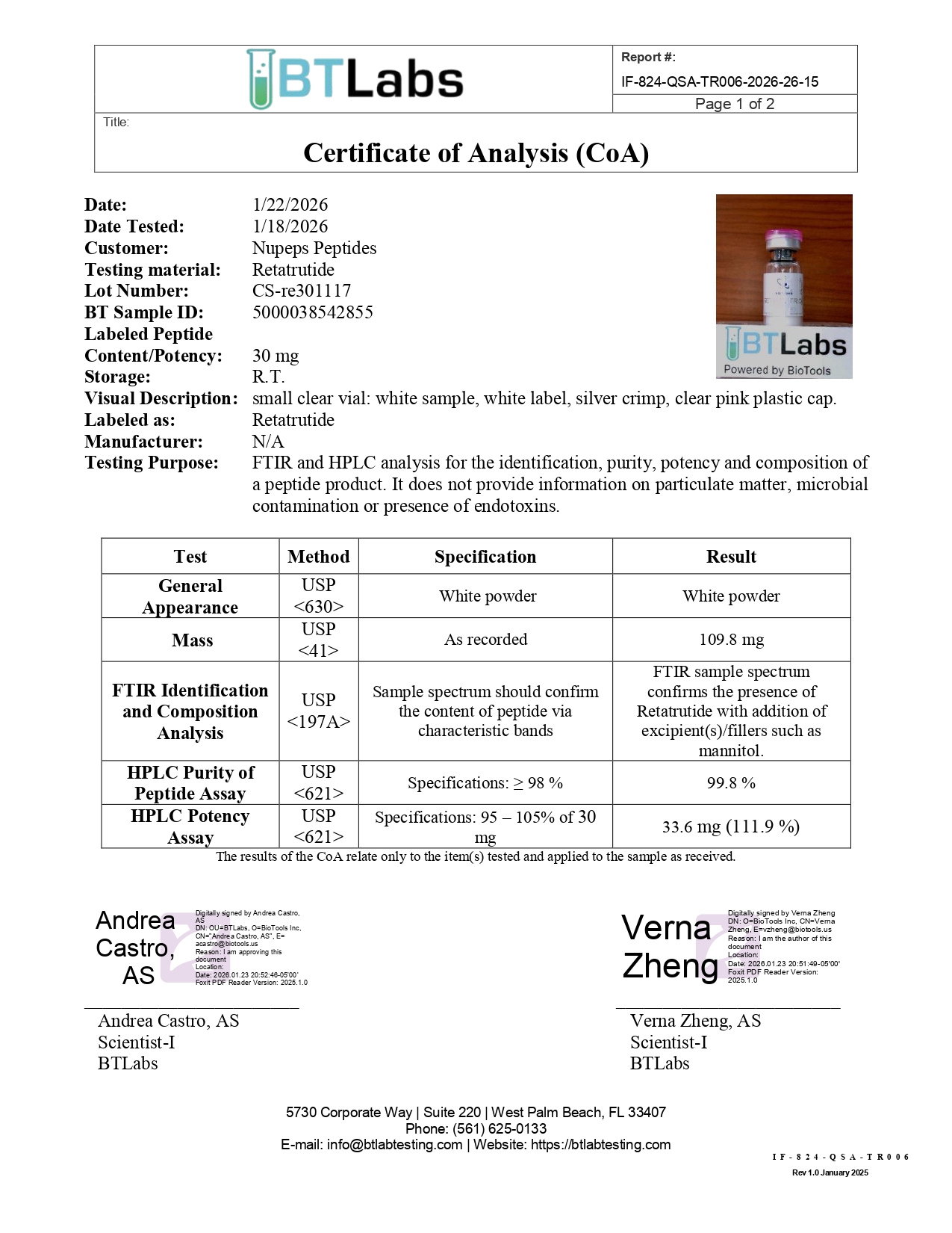 Certificate of Analysis for Retatrutide.
