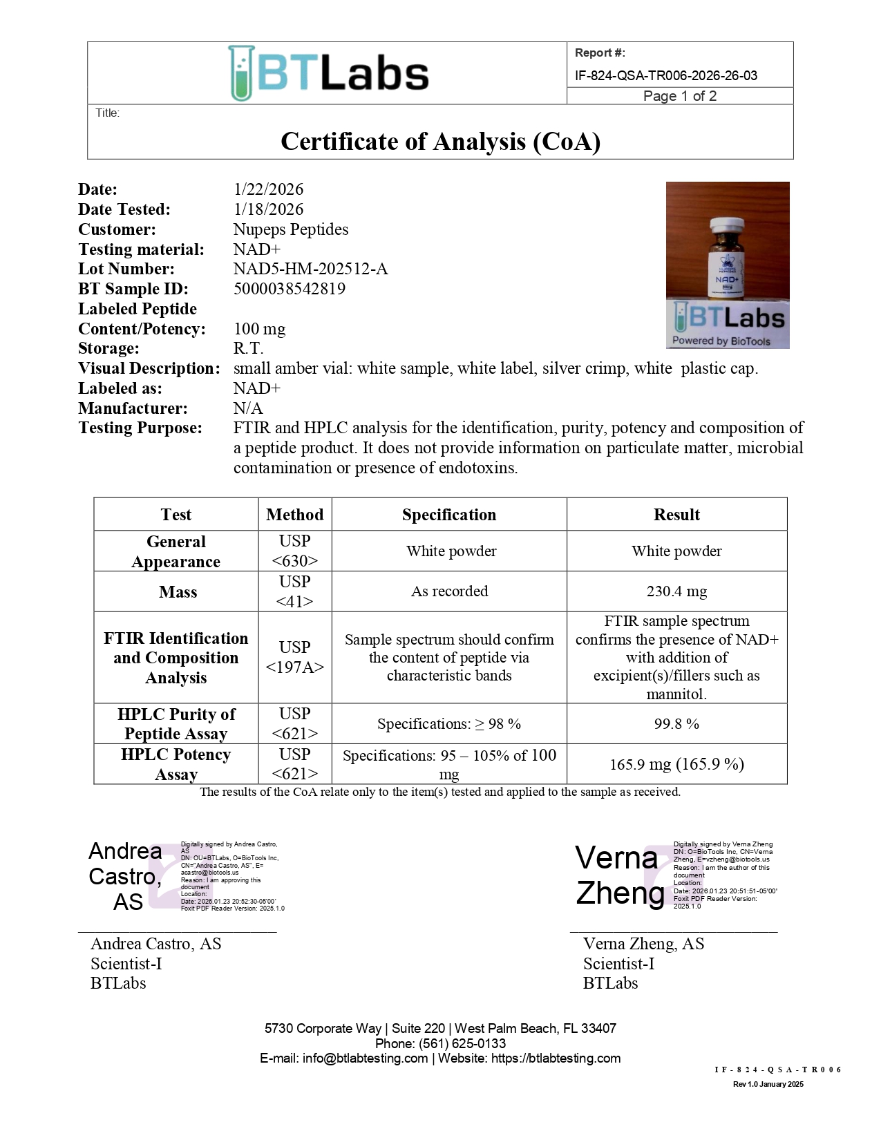 NAD+ 100mg peptide analysis certificate