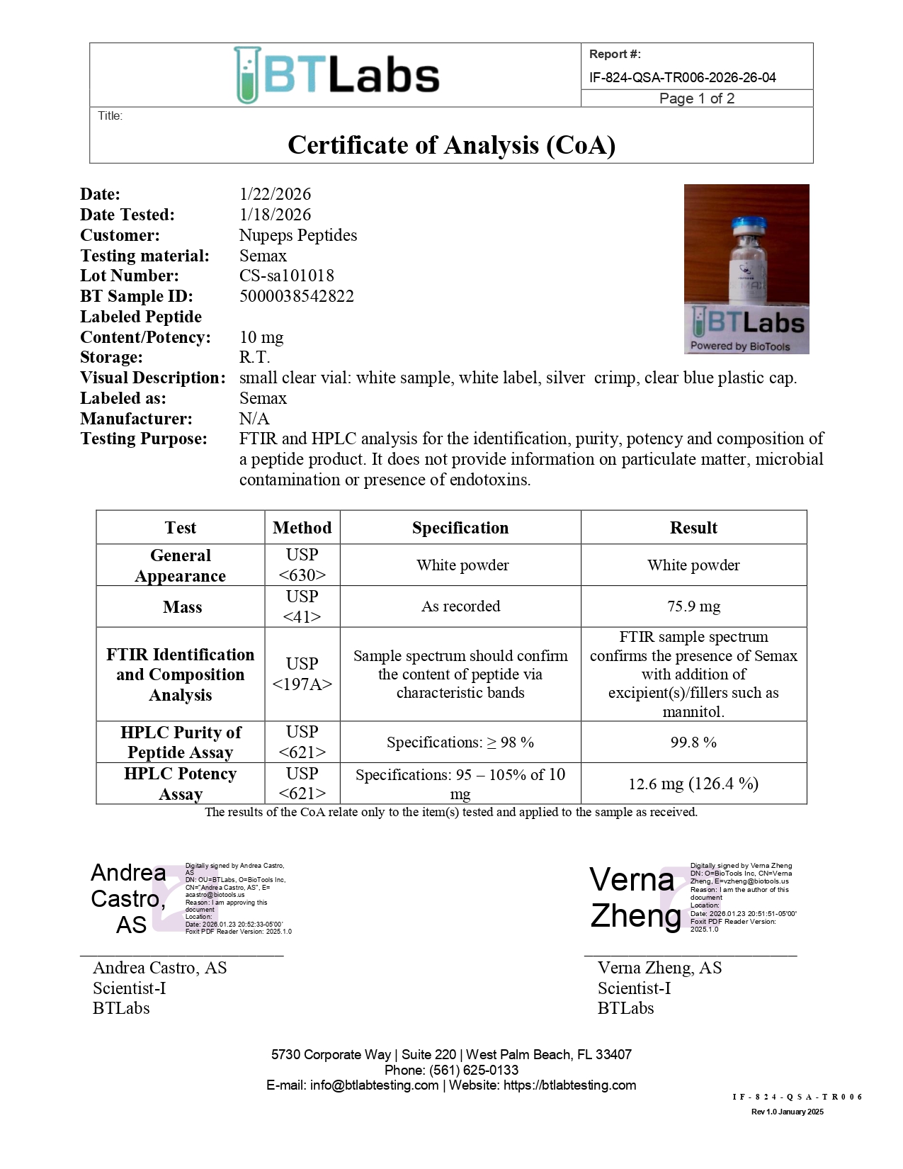 Semax 10mg peptide analysis certificate