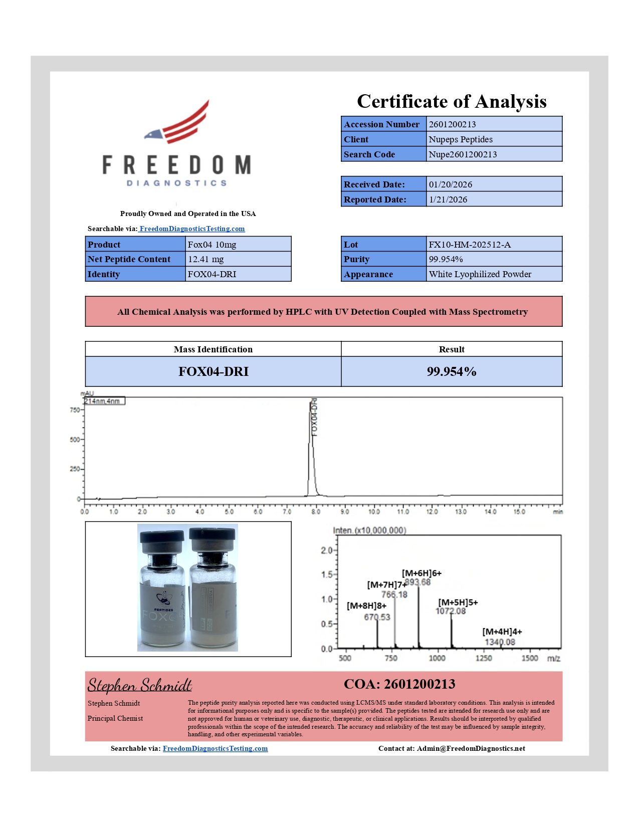 Freedom Diagnostics FOXO4-DRI certificate