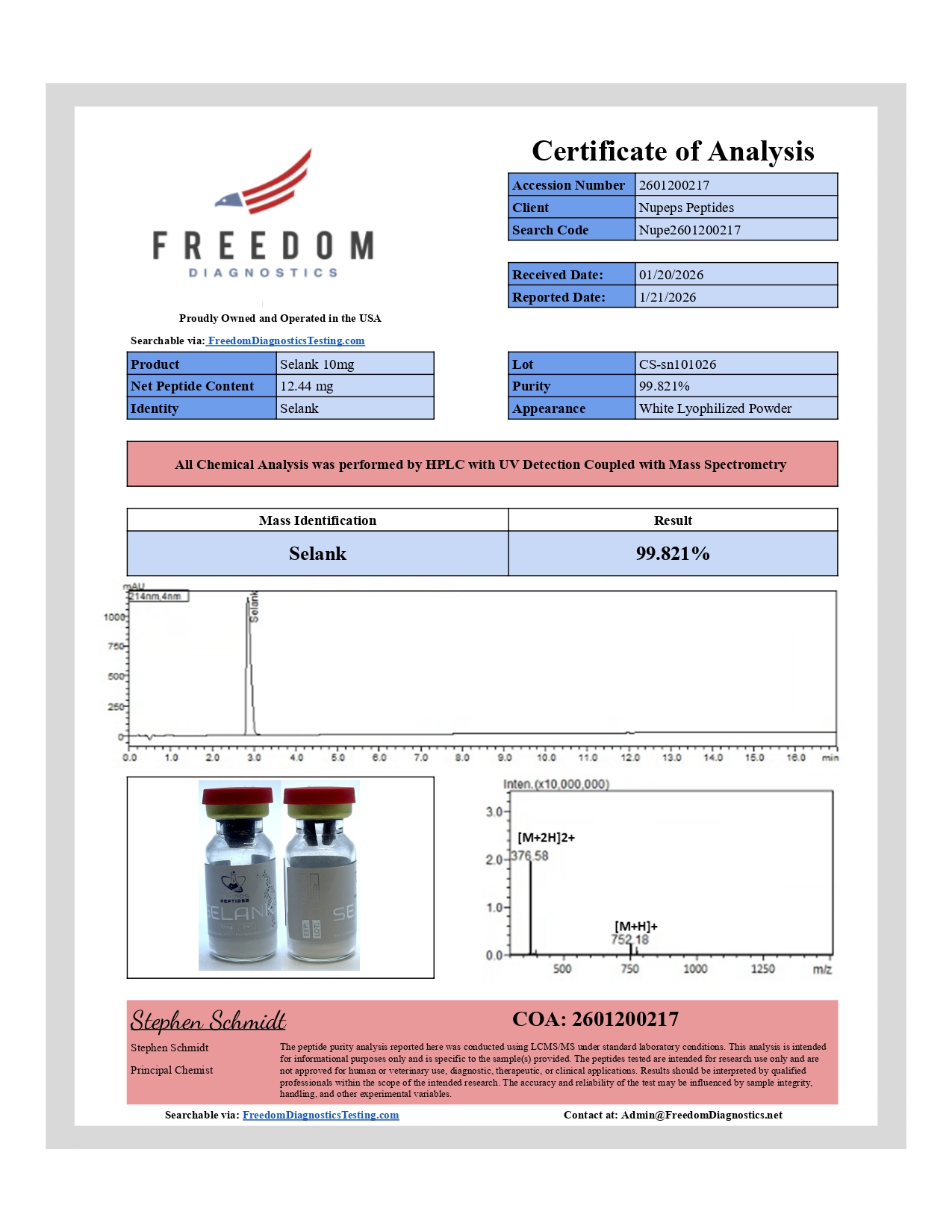 Selank 10mg peptide analysis certificate
