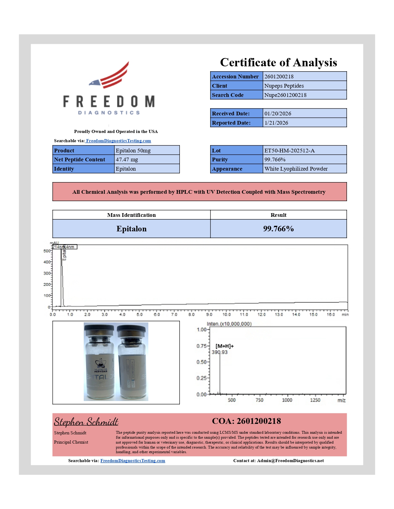 Epitalon 99.766% purity analysis document
