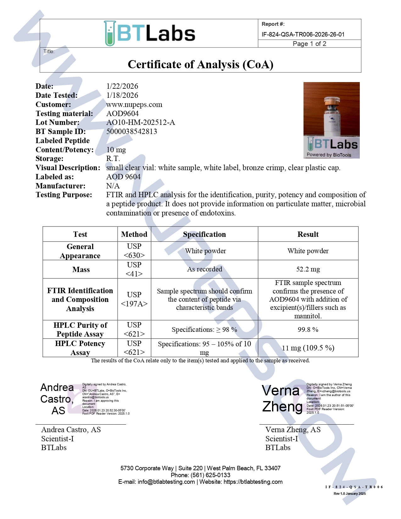 Certificate of Analysis for AOD9604.