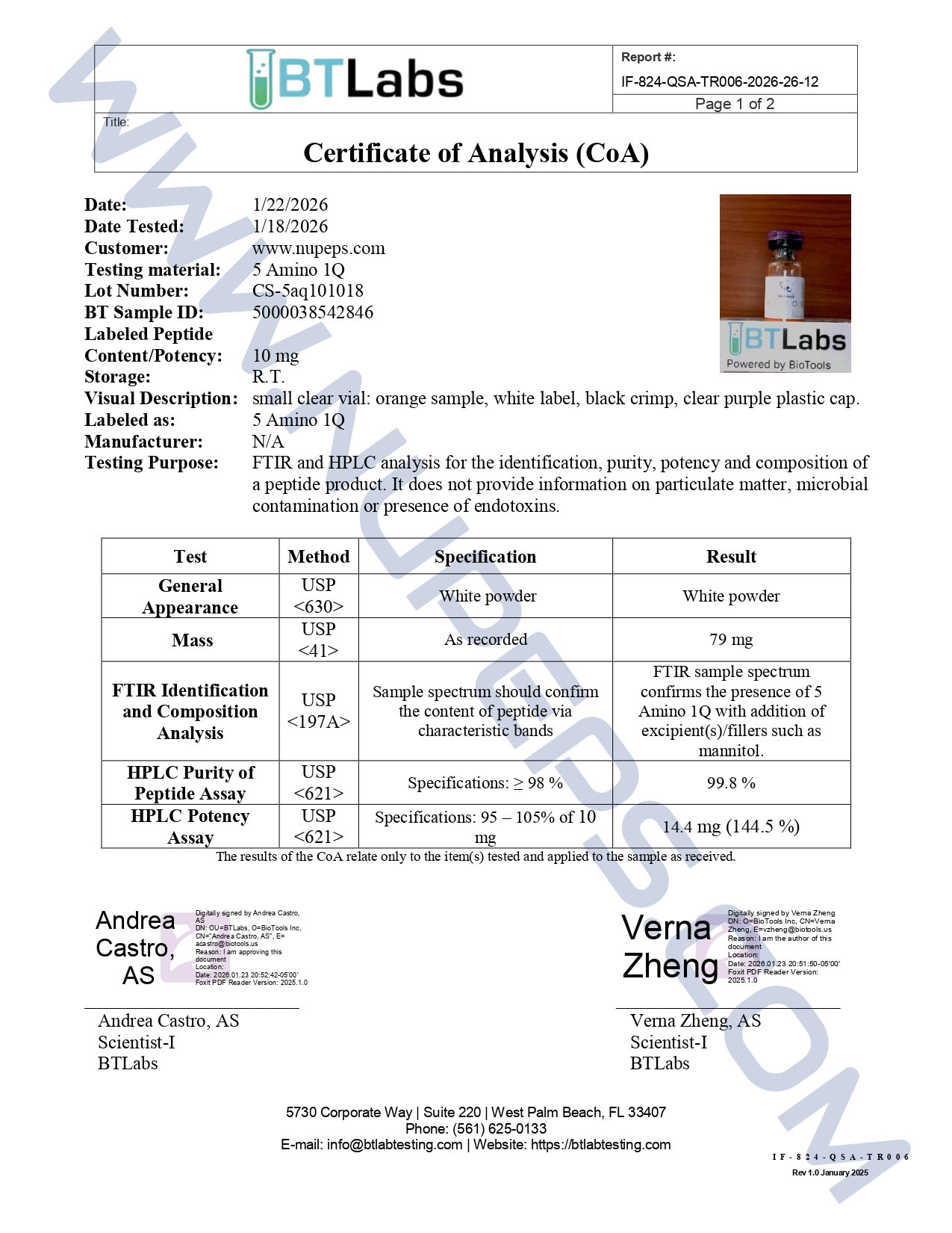 Certificate of Analysis for 5-Amino-1Q.