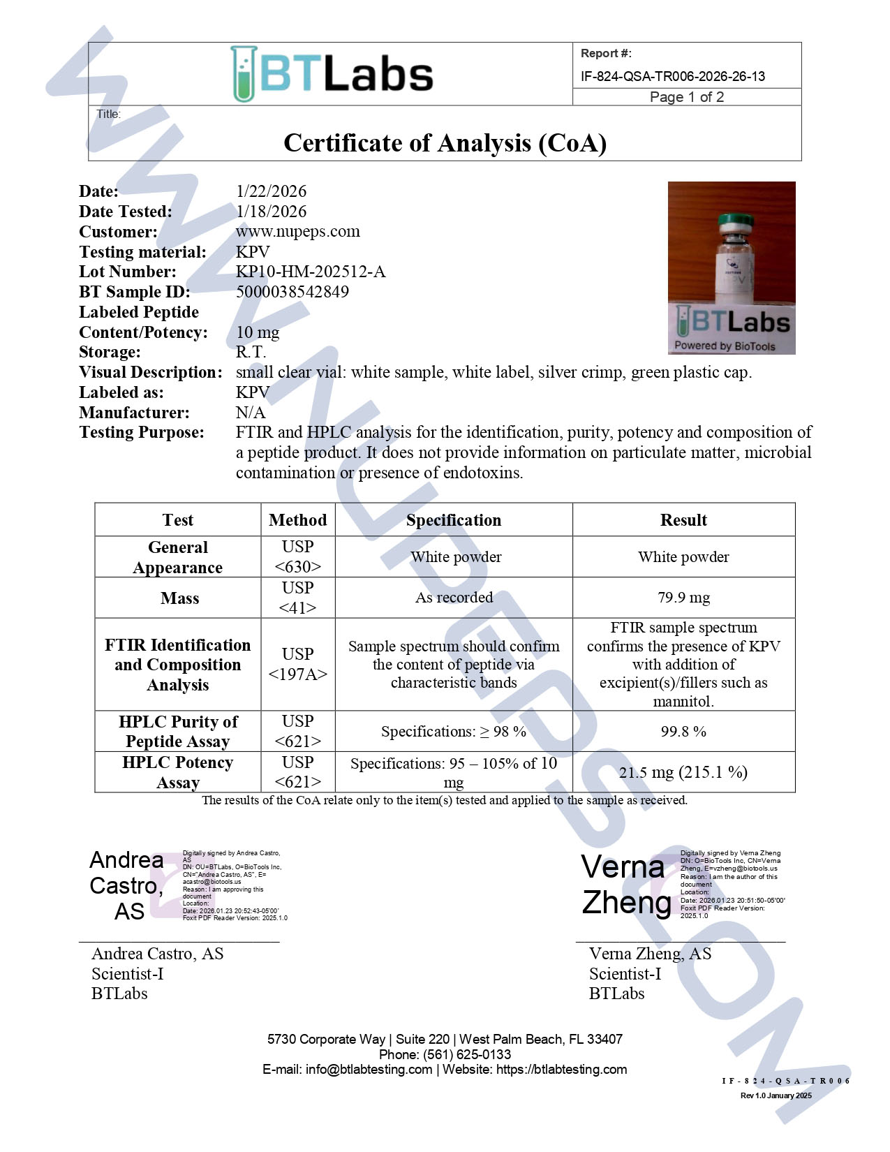 Certificate of Analysis for EPV