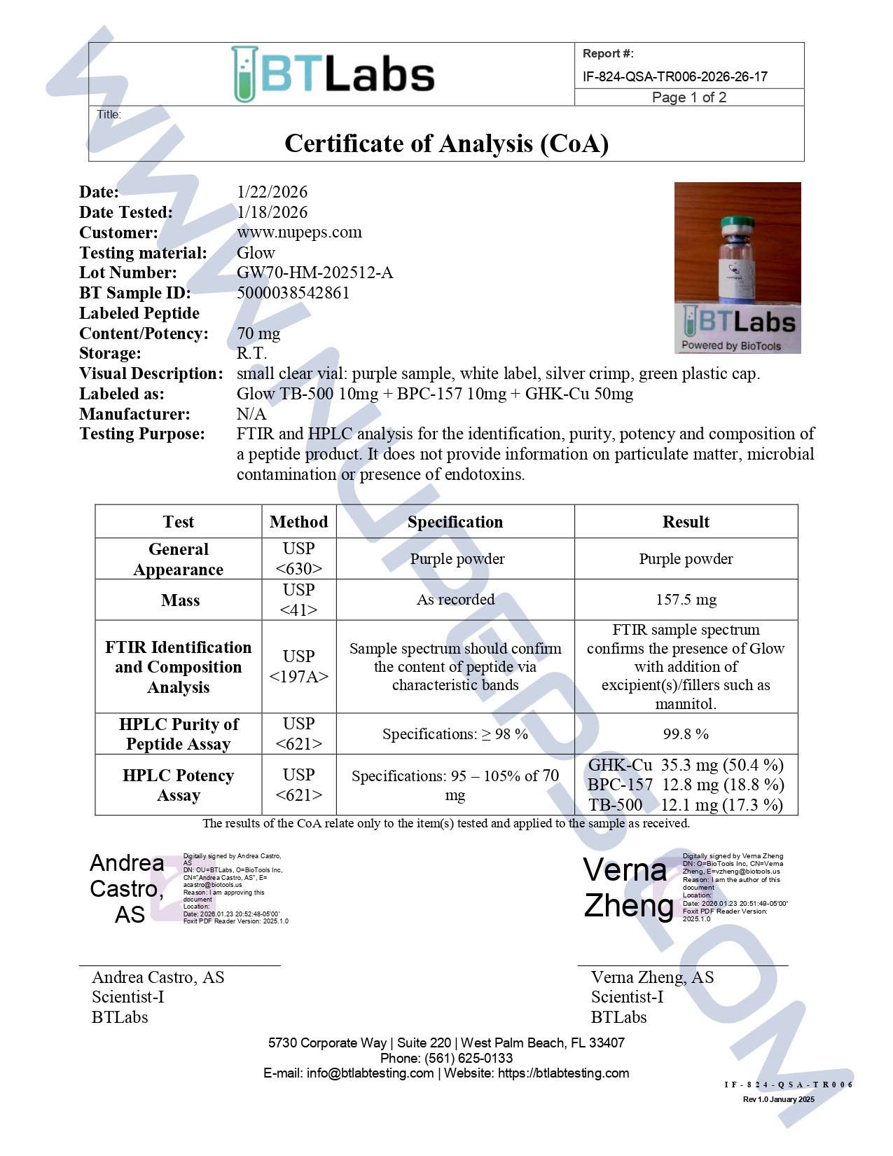 Certificate of Analysis for peptides.