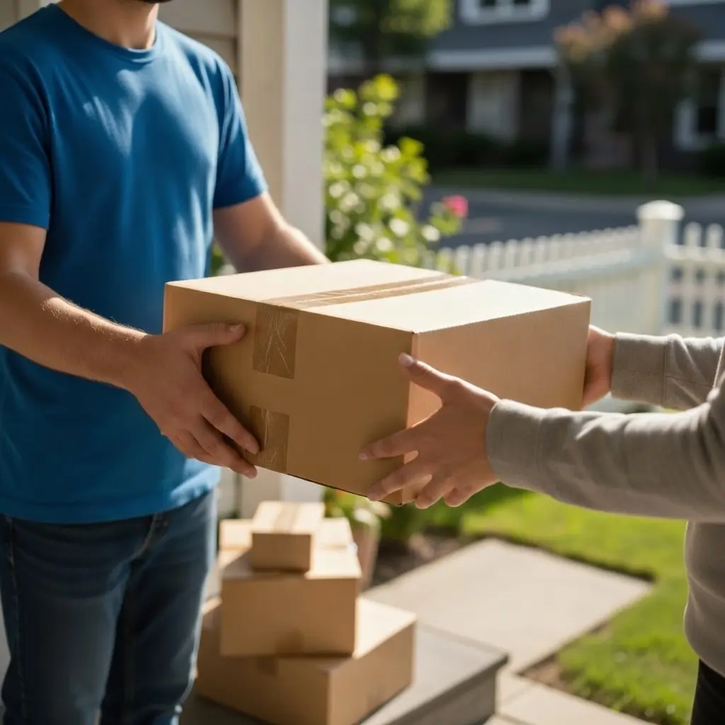 Delivery man handing package to customer.